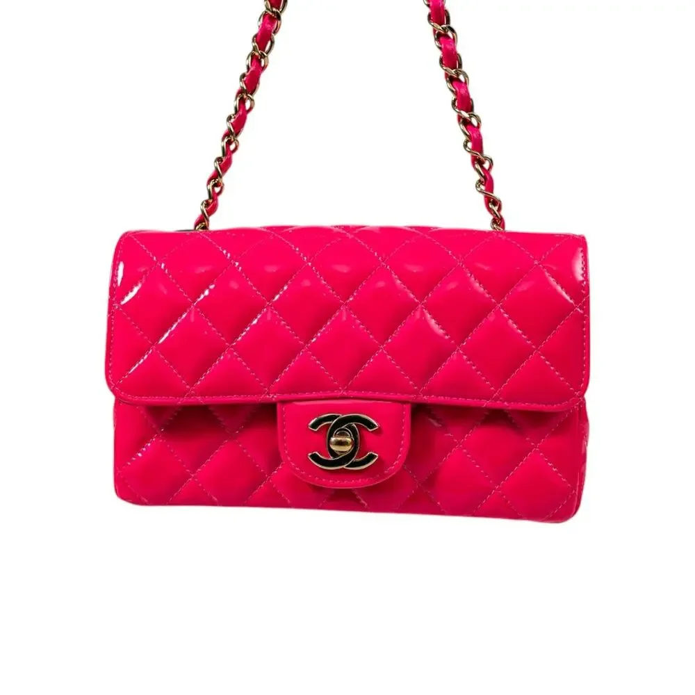 Chanel Patent Leather Quilted Interlocking CC Flap Mini Shoulder Bag Neon Pink - Picture 2 of 3